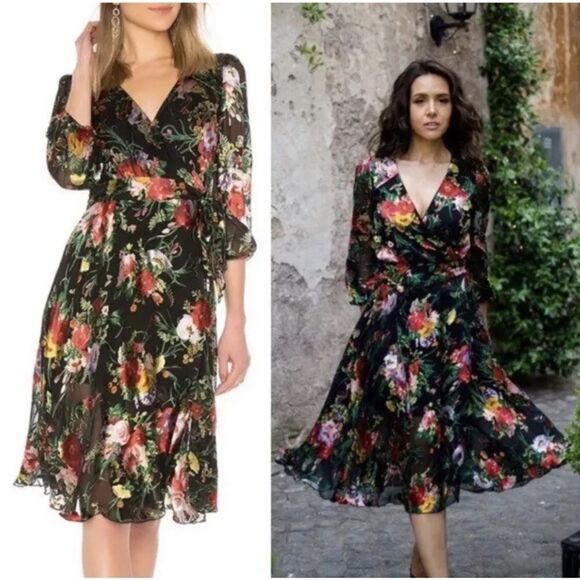 Alice + Olivia Dresses & Skirts - Alice + Olivia Abney Midi Black Dress Wrap Blooming Bouquet Floral Size S